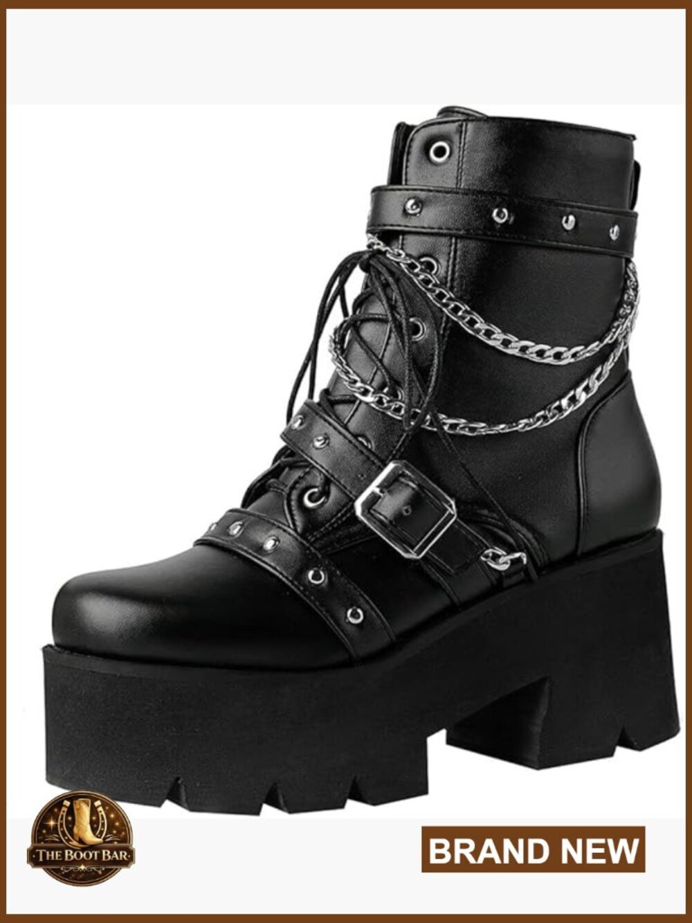 Goth Chunky Platform Ankle Boots Lace Up High Heel Motorcycle Boots with Chain